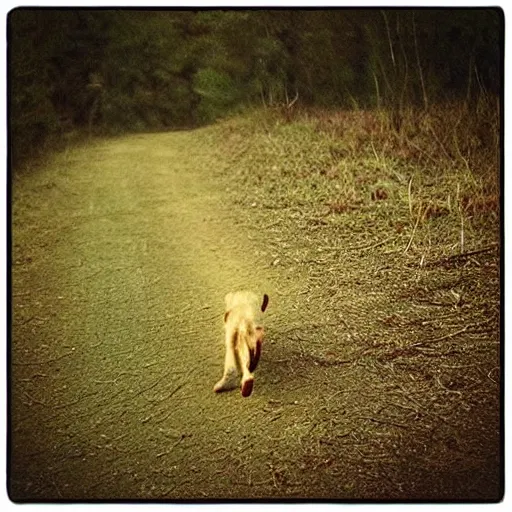 Prompt: “George bush caught running on all fours, trail cam, game trail, nighttime”