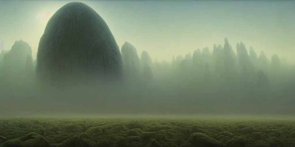 Image similar to ”a beautiful painting of a huge alien stronghold. morning light. by Zdzisław Beksiński, h.r. giger. landscape. mist. unreal engine 5. trending on artstation. 4k. matte painting”