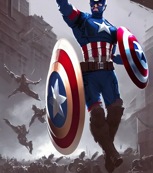 Image similar to Gavin Mcinnes as Captain America, heading into battle, sigma male, rule of thirds, cinematic, art by Stanley Artgerm Lau, WLOP, Rossdraws, Andrei Riabovitchev, Marc Simonetti, Yoshitaka Amano, ArtStation, CGSociety,