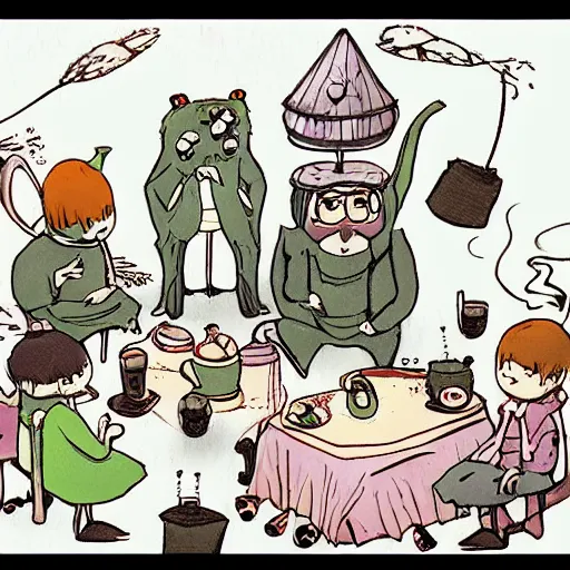 Image similar to tiny imaginary creatures having tea party inside a humans beard. in a style of hayao miyazaki.