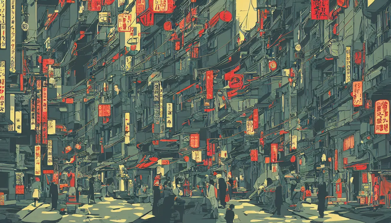 Prompt: old Japanese Street scene by Kilian Eng, minimalist, detailed