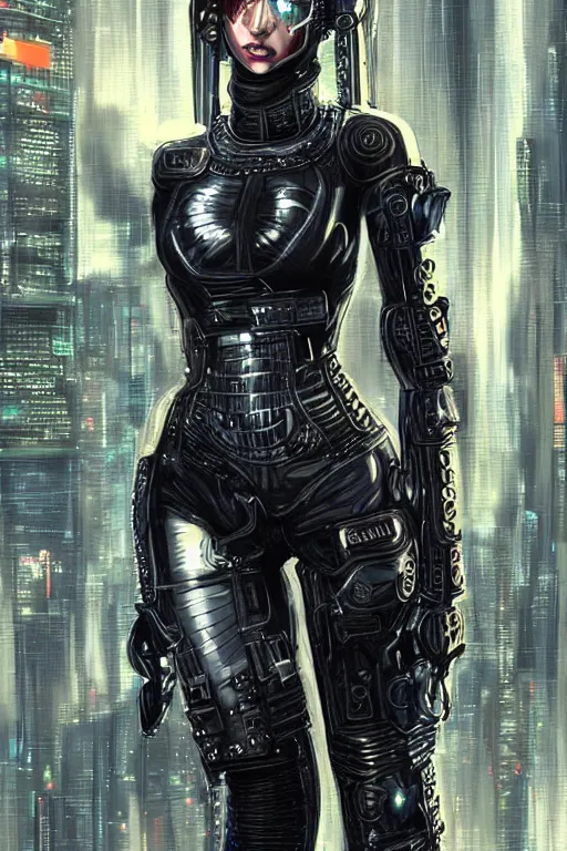 Prompt: beautiful digital oil cyberpunk style of a girl in leather cyber armor by Arthur Hughes