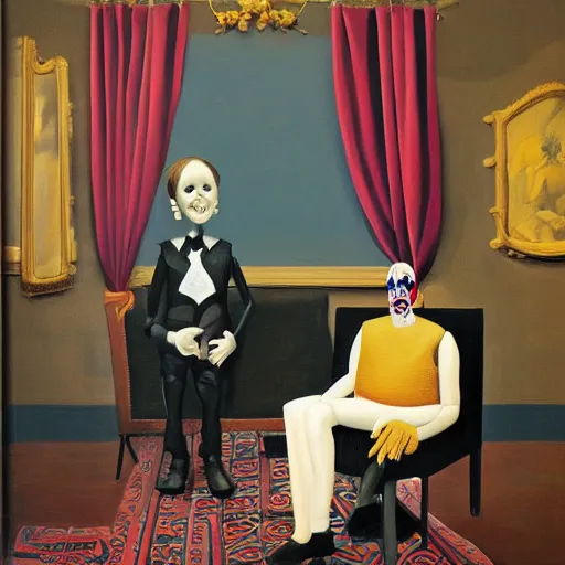 Prompt: oil painting of ventriloquist's dummy, sitting on chair with black leather seat, with gold comedy and tragedy masks on floor, black curtains in background, by neo rauch and paula rego