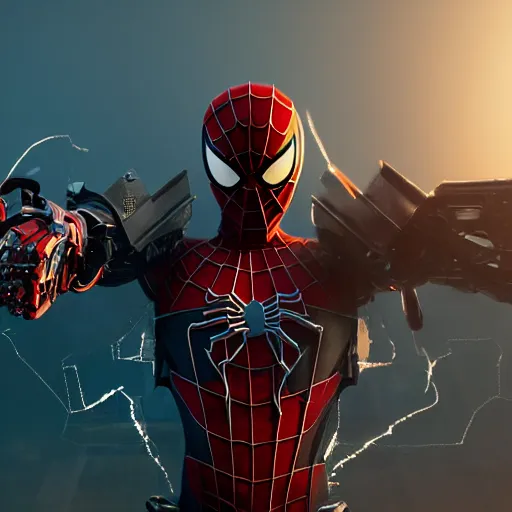 Image similar to unreal engine, octane render, 8 k, spiderman resembling mecha, techno mystic, by greg rutkowski,, maxim verehin, greg rutkowski, masterpiece, sharp focus,