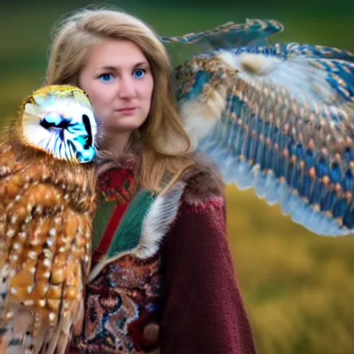 Image similar to symmetry!! portrait photograph of an extremely beautiful!!!! young blonde female with symmetric face. with a very detailed barn owl!!!!! on her shoulder. wearing mongolian traditional outfit in iceland. petzval lens. shallow depth of field. polaroid featured on flickr, art photography,