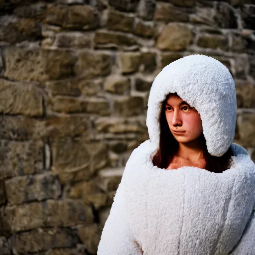 Image similar to portrait, woman, age 2 0, in a sheep costume, outside, stone wall in background, street photography by steve mccurry, 5 0 mm f / 1. 4