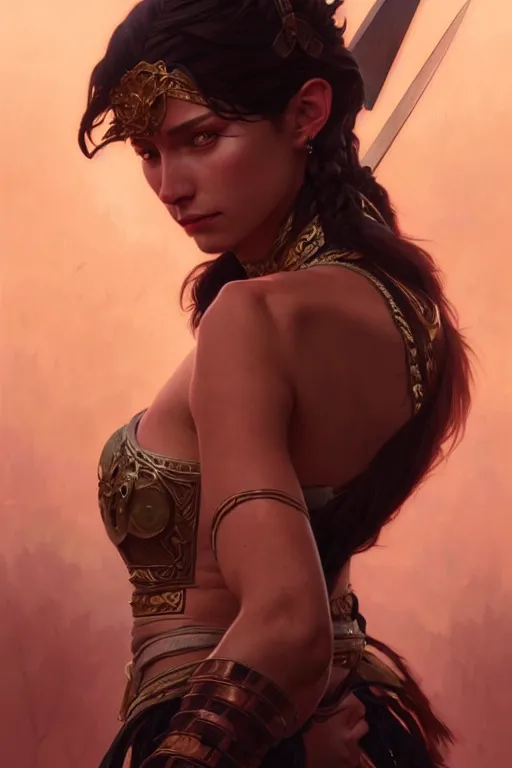 Prompt: a very beautiful warrior woman, fantasy, portrait, sharp focus, intricate, elegant, digital painting, artstation, matte, highly detailed, concept art, illustration, ambient lighting, art by ilya kuvshinov, artgerm, Alphonse mucha, and Greg Rutkowski