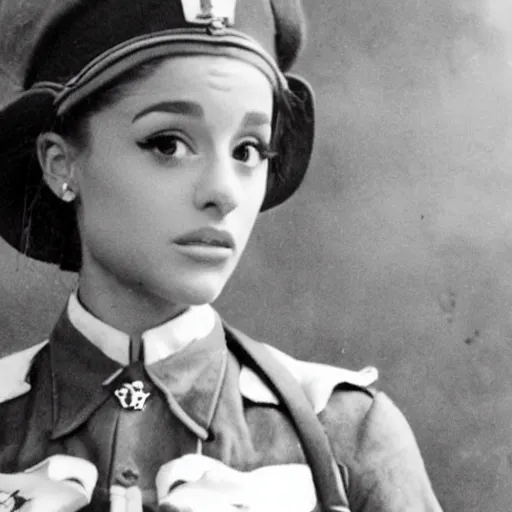 Prompt: ariana grande as a german solider in world war 2 taken with a 1 9 4 0's camera