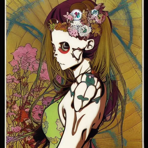 Image similar to anime manga skull portrait girl female skeleton illustration hyperrealistic art Geof Darrow and will cotton alphonse mucha pop art nouveau