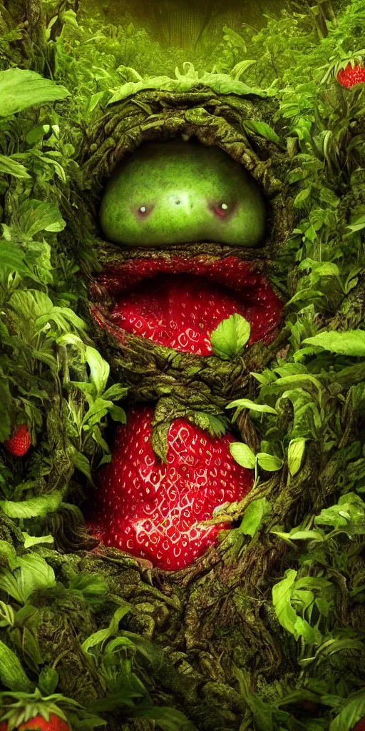 Prompt: a smiling strawberry with purple eyes, surrounded by a green forrest, moody , lovecraft, giger, ridley scott, zack snyder, Fenghua Zhong, realistic cinematic lighting, establishing action shot, ultra detailed, hyper realism, photo, octane render