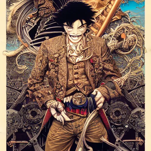 Image similar to portrait of crazy pirate, symmetrical, by yoichi hatakenaka, masamune shirow, josan gonzales and dan mumford, ayami kojima, takato yamamoto, barclay shaw, karol bak, yukito kishiro