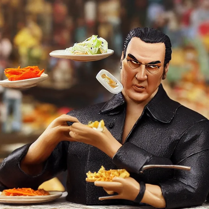 Image similar to detailed figure of steven seagal from asian connection flipping over a table of food, first 4 figures, diorama, detailed product photo