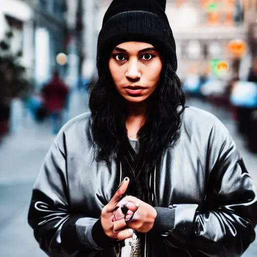 Prompt: Photograph of a mixed woman smoking, wearing a black beanie and black bomber jacket, urban environment, depth of field, 4k, 8k, hd, award-winning, sigma 85mm f/1.4, close up