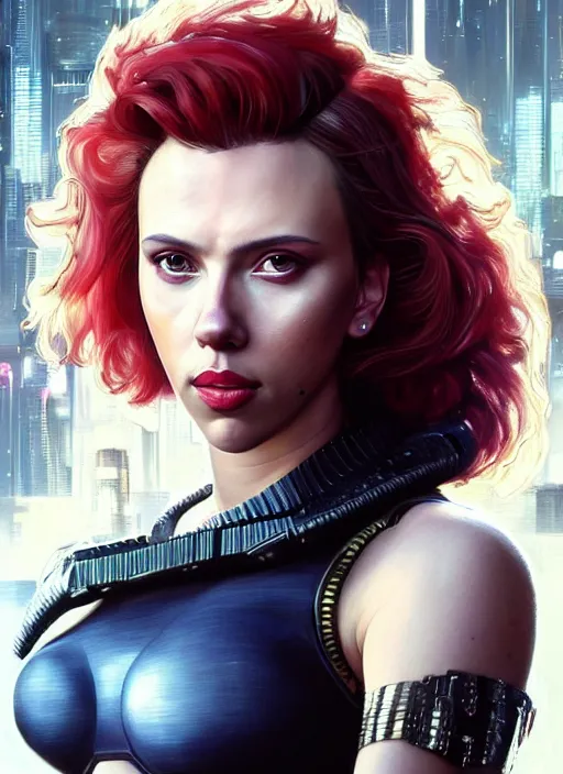 Image similar to portrait of Scarlett Johansson as a ballet dancer character in Cyberpunk 2077, looking at camera, intricate, dystopian, sci-fi, extremely detailed, digital painting, artstation, concept art, smooth, sharp focus, illustration, intimidating lighting, incredible art by artgerm and greg rutkowski and alphonse mucha and simon stalenhag