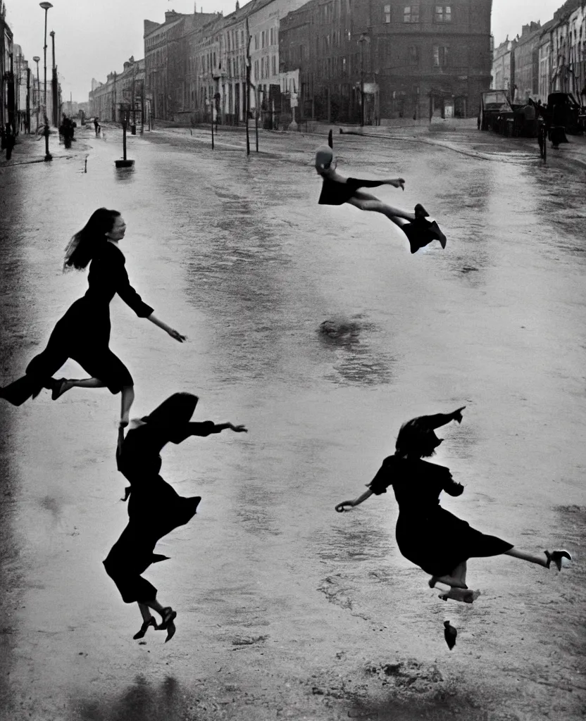 Image similar to A woman wearing a dress, long legs, leaping over a large puddle in the street, the decisive moment, photographed by Henri Cartier-Bresson on a Leica camera