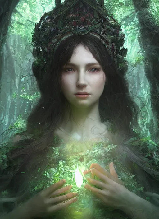 Image similar to Beautiful art portrait of a female fantasy cleric in a mystical fantasy temple surrounded by spring lush forest, atmospheric lighting, intricate detail, cgsociety, hyperrealistic, octane render, RPG portrait, ambient light, dynamic lighting