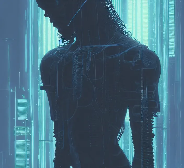 Image similar to cyberpunk neon skeleton jesus, noir, sharp focus, intricate, illustration, cell shaded, digital painting, highly detailed, matte, art by ilya kuvshinov, wlop, greg rutkowski, reflections, studio quality, james jean, artem demura