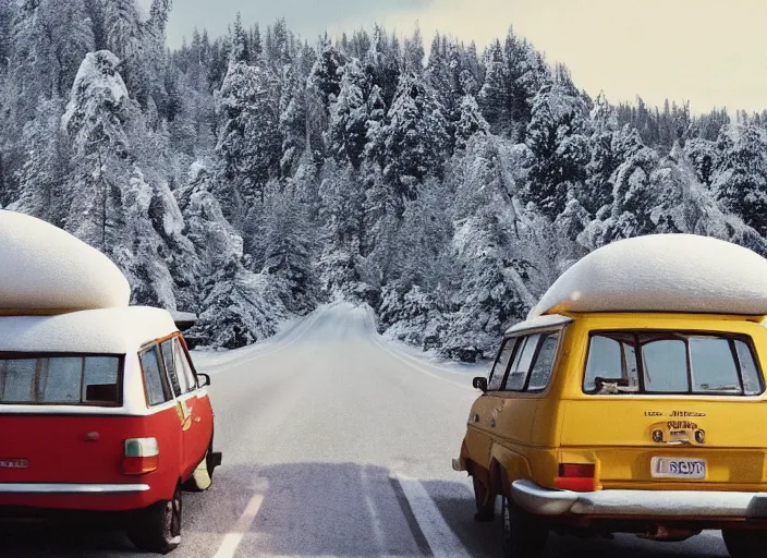 Image similar to A very high resolution image from a new movie, landscape from a car window , mountains, snowy, snowy mountains, Polaroid, directed by wes anderson