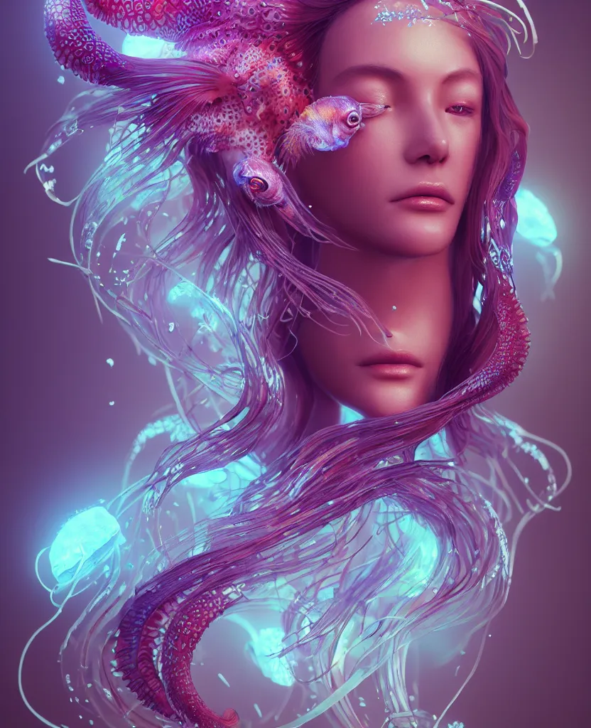 Image similar to goddess close-up portrait. jellyfish phoenix head, nautilus, orchid, skull, betta fish, bioluminiscent creatures, intricate artwork by Tooth Wu and wlop and beeple. octane render, trending on artstation, greg rutkowski very coherent symmetrical artwork. cinematic, hyper realism, high detail, octane render, 8k