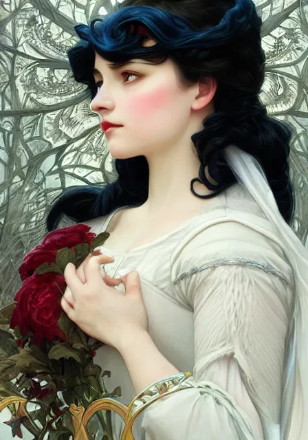 Prompt: snow white and evil queen, intricate, elegant, highly detailed, digital painting, artstation, concept art, smooth, sharp focus, illustration, art by artgerm and greg rutkowski and alphonse mucha and william - adolphe bouguereau
