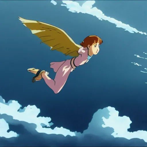 Image similar to A girl flying with a bird-shaped white glider over the clowds, Nausicaa of the Valley of the Wind, Miyazaki Hayao, ghibli style