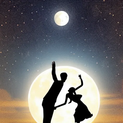 Image similar to the background is a huge moon. in the night environment, a man jumps into the air with a woman in his arms. in the middle of the moon are two figures in black silhouettes.