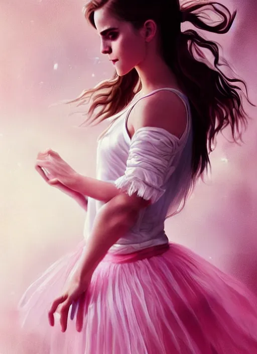 Image similar to emma watson as ballerina, ballet pose, long hair, skirt and t-shirt, soft pink and white transparent cloth, space, D&D, shiny background, intricate, elegant, highly detailed, digital painting, artstation, concept art, smooth, sharp focus, illustration, artgerm, bouguereau