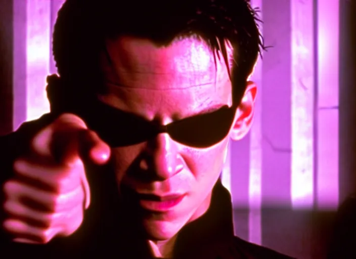 Prompt: Movie still of Neo in The Matrix movie doing a thumb up to the camera in front on burning servers.