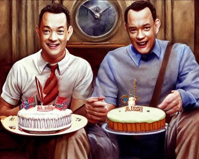 Prompt: tom hanks as forrest gump eating a cake in hogwarts, digital art, highly detailed, artstation, award winning, in the style of Heraldo Ortega