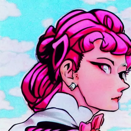 Image similar to beautiful pink little girl, profile picture, vintage fashion, highly detailed, reflection, 8 k, realistic artwork, hd, inspired by jojo bizarre adventure, 9 0 s anime art style