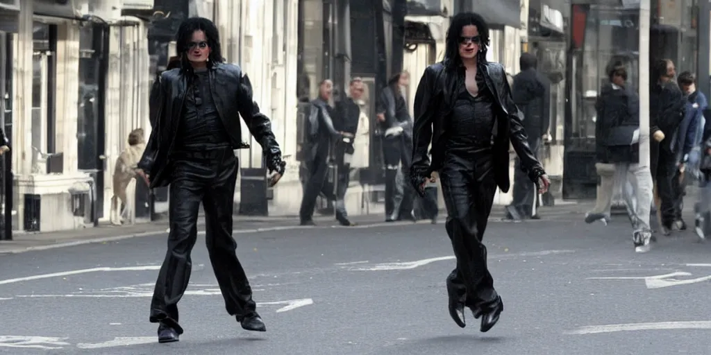 Image similar to michael jackson 2 0 0 9 wearing shades, alone, this is it style, photo real, motion blur, spotted with body guards in london across the road, walking, in the distane, by himself, real life, spotted, ultra realistic face, accurate, 4 k, movie still, uhd, sharp, detailed, cinematic, render, modern