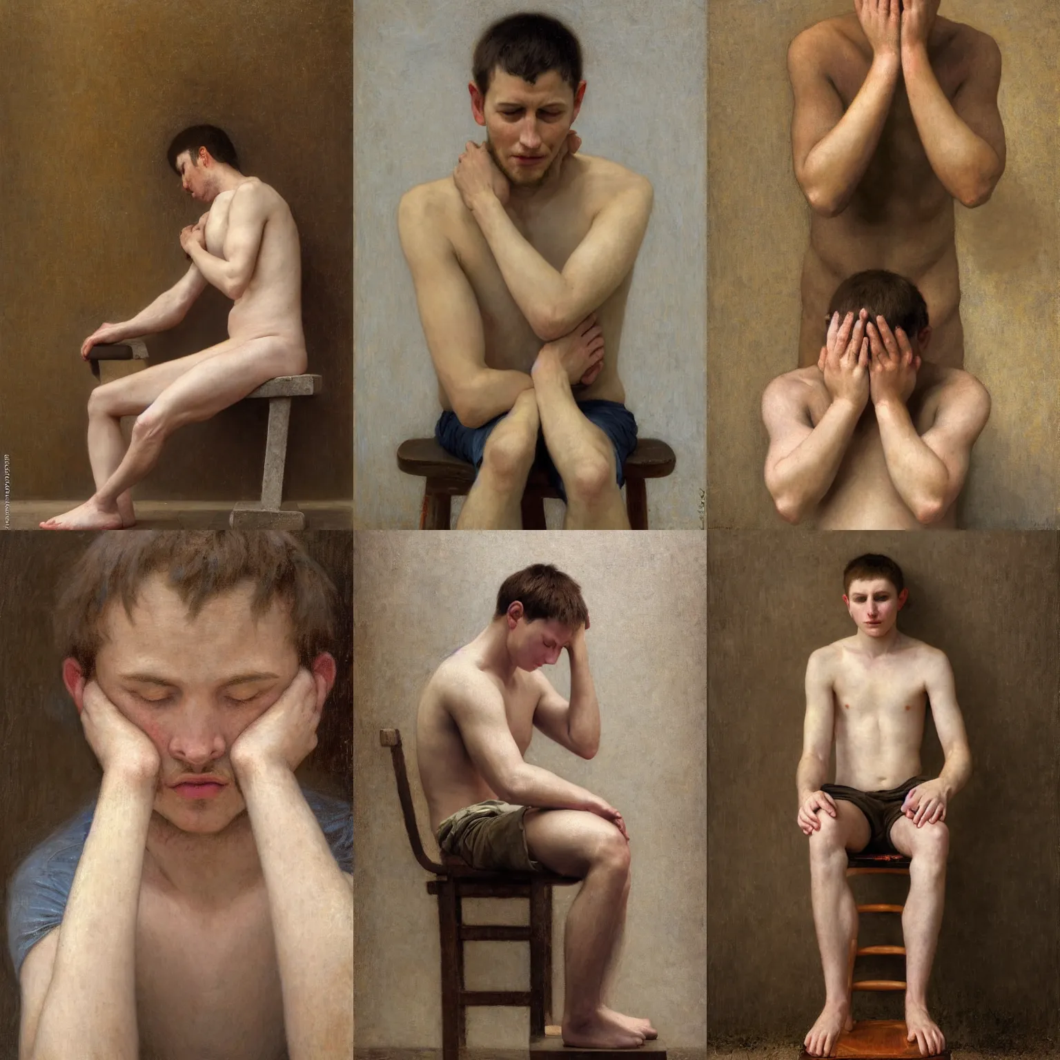 Prompt: A young man holding his head with both hands seated on a wood chair and a concrete wall background by Alyssa Monks, Bouguereau; Full body; desperate face expression; hyper realism, Realistic proportions, dramatic lighting, high detail 4K