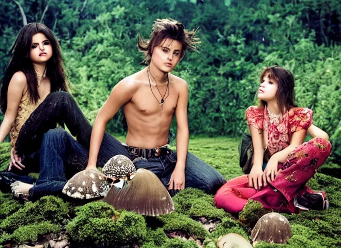 Prompt: Selena Gomez and Young Johnny Depp on a mushroom trip on shag carpet , photograph by Annie Leibovitz and Mark Seliger; oil on canvas; Dalle