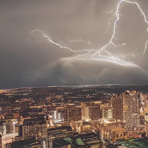 Image similar to futuristic flying car emerging from a circle of lightning in the sky, thunderstorm at night, 28mm dramatic photo