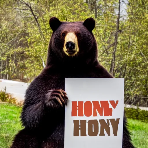 Image similar to bear holding a sign that says honey, 5 0 mm lens, bokeh, good lighting