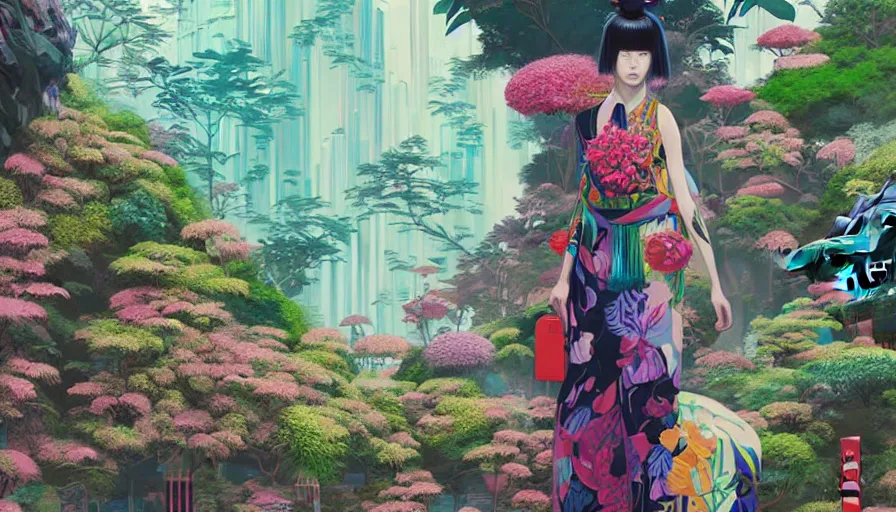 Image similar to a digital painting of a woman wearing gucci exploring a magical japanese temple, lush plants and flowers, eco - cyberpunk art by james jean, cgsociety, retrofuturism, anime aesthetic, chromatic, iridescent, uhd