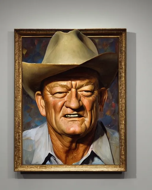 Image similar to painterly portrait, john wayne as a cowboy, impasto, fantasy, chuck close:7, carl spitzweg:7, cinematic light, full face, symmetrical face