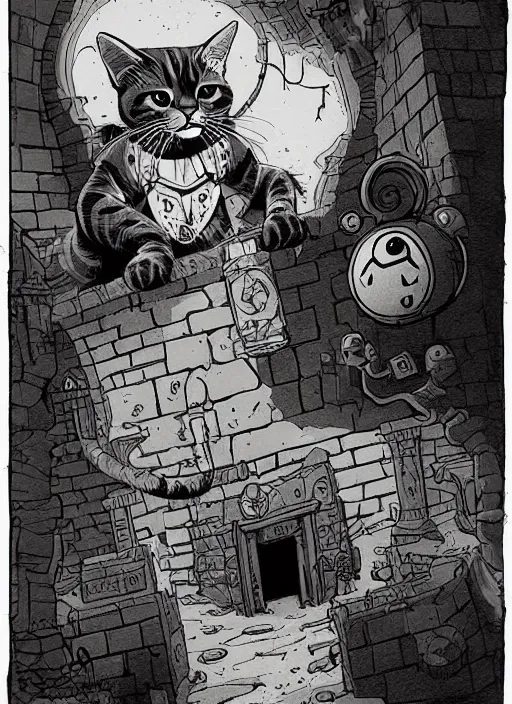 Image similar to highly detailed, hyper realistic wizard cat with a dungeon background by mike mignola