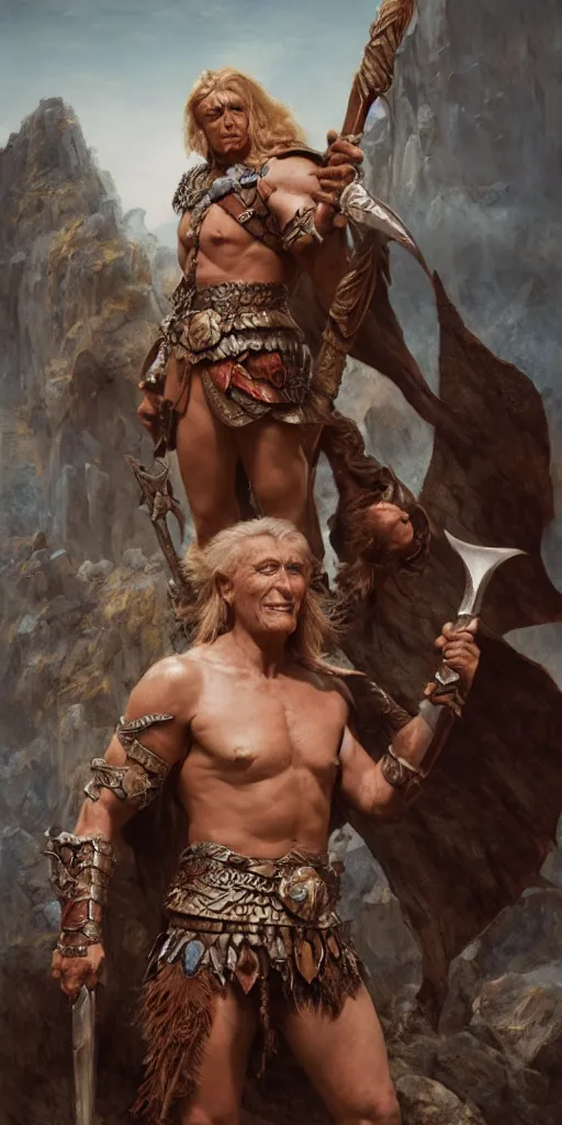 Image similar to kirk douglas as a barbarian, with a beautiful fantasy maiden, dungeons and dragons, masterpiece by edgar maxence and ross tran and michael whelan, gustav dore, 8 k, octane render