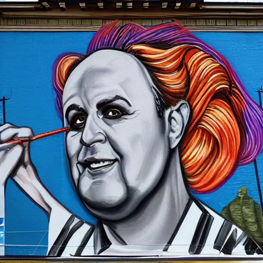 Image similar to gorbachev drag queen painting on building detailed