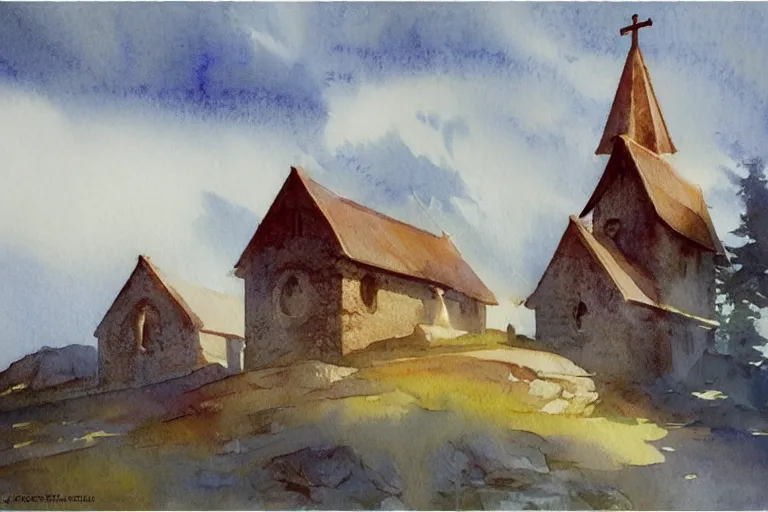 Prompt: small centered on watercolor paper, paint brush strokes, abstract watercolor painting of traditional scandinavian stone church, rough rock, medieval chapel at dawn, cinematic light, national romanticism by hans dahl, by jesper ejsing, by anders zorn, by greg rutkowski, by greg manchess, by tyler edlin