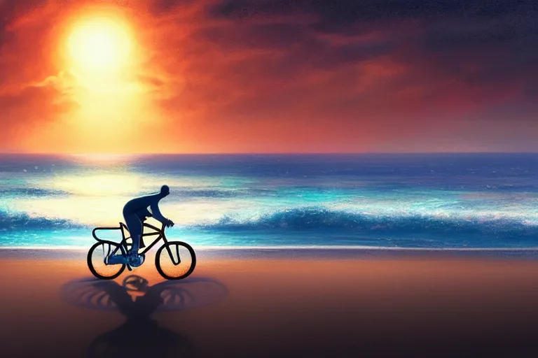 Image similar to photo of man riding a bicycle along the beach, glowing underwater toward a lighthouse in the distance, silhouette, wide horizon, large white clouds, night, intricate, elegant, highly detailed, digital painting, artstation, concept art, smooth, sharp focus, illustration, art by artgerm and greg rutkowski and fra angelico