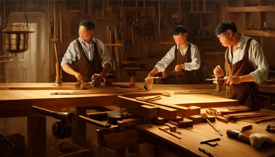 Image similar to highly detailed oil painting | very intricate | cinematic lighting | award - winning | simple carpenter fine craftsman | building a wooden table in their well organized clean workshop | beautiful cinematic light, american romanticism, by huang guangjian, gil elvgren, ruan jia, randy vargas, greg rutkowski, artstation, cgsociety, official art, octane