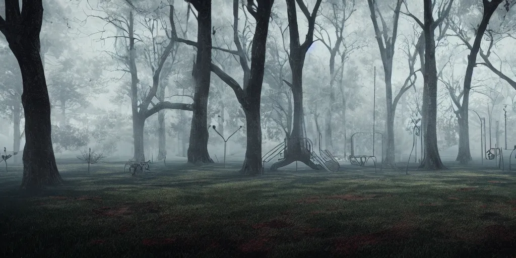 Prompt: foggy spooky play ground at night, dark, haunted by ghosts of children, 3d art, octane render, 6K award winning