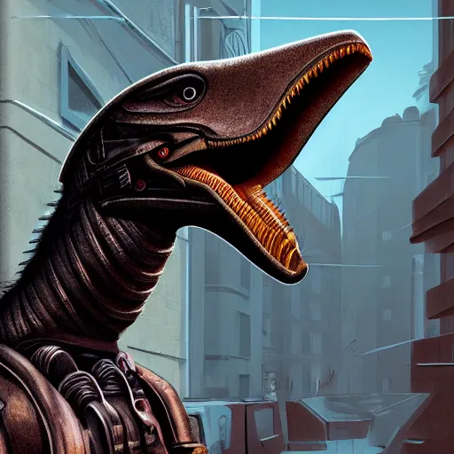 Prompt: a detailed matte painting of a retrofututist borg velociraptor wearing a beret, in nazi occupied france, french resistance, 8 k, artstation, art in a noir crime novel style