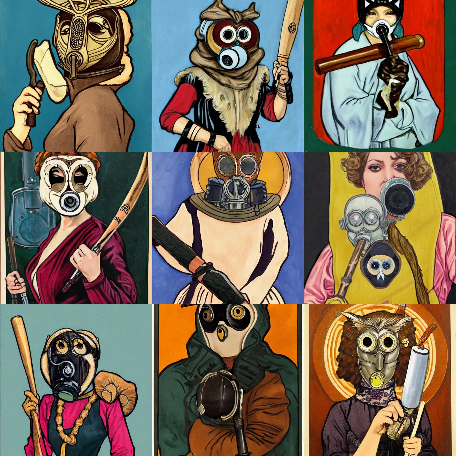 Prompt: an hd art nouveau portrait painting of a woman in an owl costume mask retrofitted with a gas mask. she is wearing a jacket, and is brandishing a baseball bat in a threatening manner.