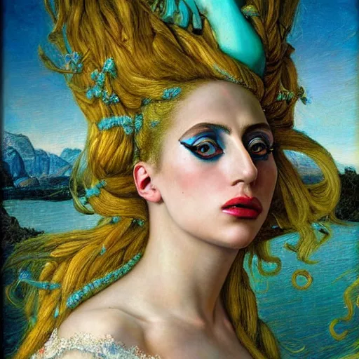 Image similar to photo realistic, lady gaga artpop act ii, intricate detail, hyper detail, gaston bussiere, sandro botticelli style, with neon aqua rapunzel dreadlocks, detailed, masterpiece, sharp focus,