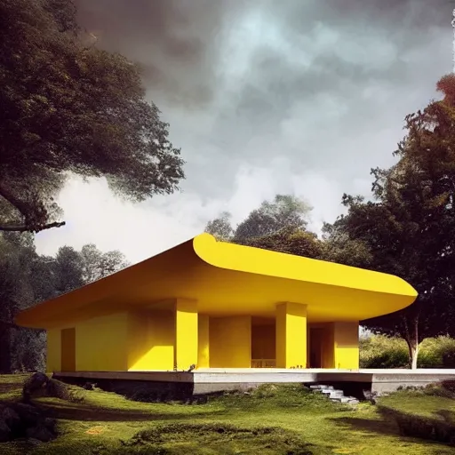 Image similar to modernist house inspired by a tibetan palace between big trees, yellow clouds, dramatic lighting, artstation, matte painting, raphael lacoste, simon stalenhag, frank lloyd wright, zaha hadid