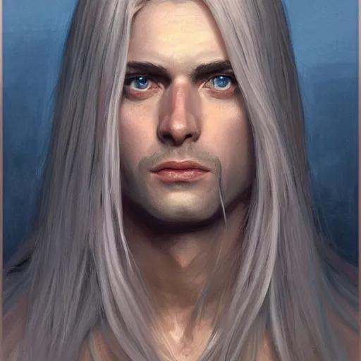 Image similar to 2 7 year old male with blue eyes and long straight blonde hair no beard with feminine features as a fantasy d & d character, closeup portrait art by donato giancola and greg rutkowski, face, digital art, trending on artstation, symmetry!!