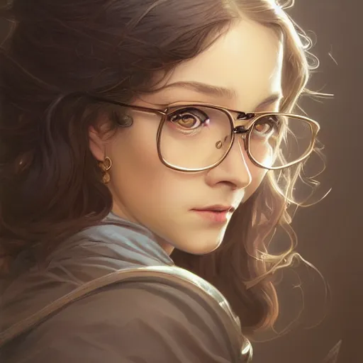 Prompt: portrait of an girl with glasses, D&D, fantasy, intricate, elegant, highly detailed, digital painting, artstation, concept art, smooth, sharp focus, illustration, art by artgerm and greg rutkowski and alphonse mucha